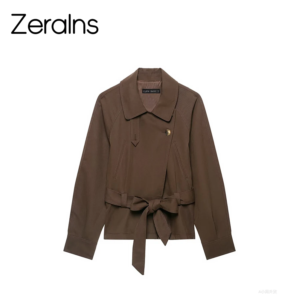 ZERAINS Autumn New Product: Women's workwear with a cinched waist tied up long sleeves and a lapel style windbreaker jacket