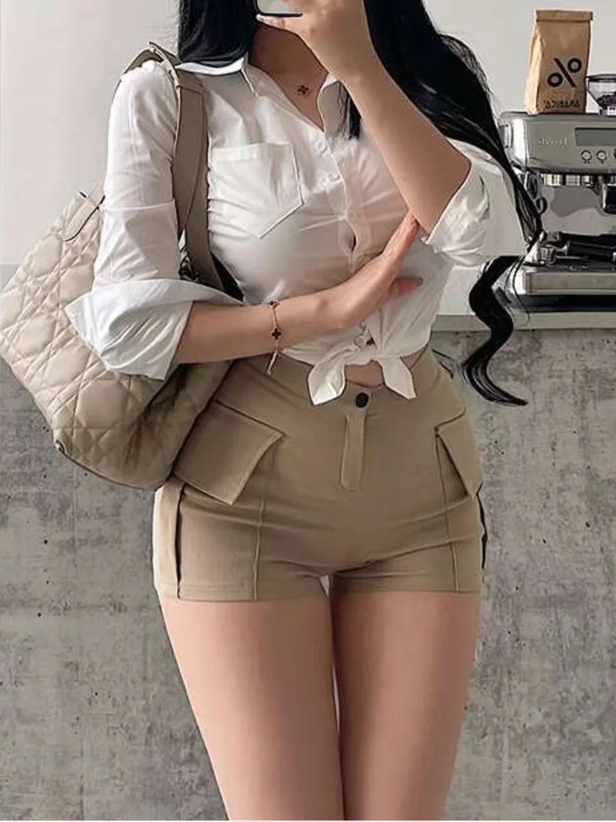 Koreaanse Pure Desire Sexy Hoge Taille Zijzak Strakke Wrap Hip Show Been Lange Casual Shorts Hot Broek Shorts 2025 Nieuwe NIR8
