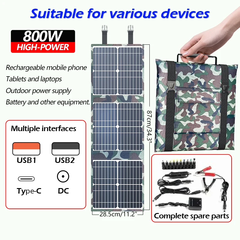 800W Foldable Solar Panel 18V USB Portable Battery Charger For Cell Phone Outdoor Waterproof Power Bank For Camping Accessories