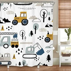 Kid Excavator Shower Curtain Tractor Mechanic Truck Construction Vehicle Boys' Bulldozer Crane Hanging Curtains Bathroom Decor