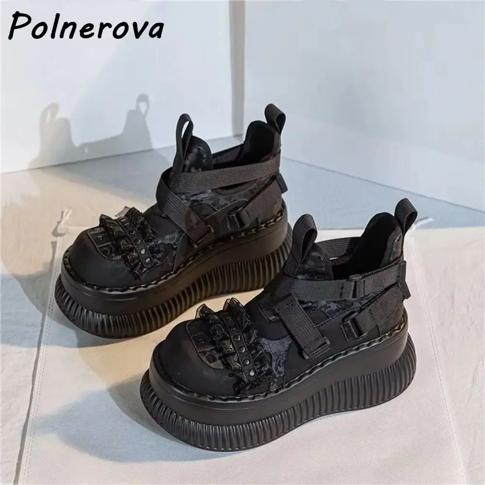 

Lace Rivet Pumps Thick Soled Round Toe Buckle Belt Shallow Black High Increase Dark Gothic Shoes Women's Fashion Leisure Shoes