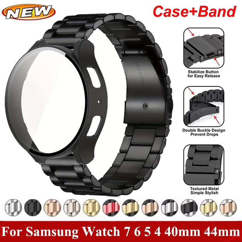 Armband + Displayschutzfolie für Samsung Galaxy Watch 7 6 5 4 40 mm 44 mm Bandabdeckung für Samsung Galaxy Watch 7 44 mm Metallarmband