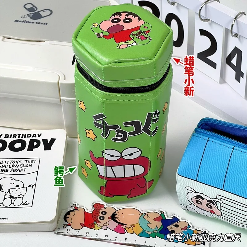 Kawaii Crayon Shin Chan Cartoon Hexagonal Zipper Three Dimensional Pen Holder Student Large Capacity Stationery Storage Holder