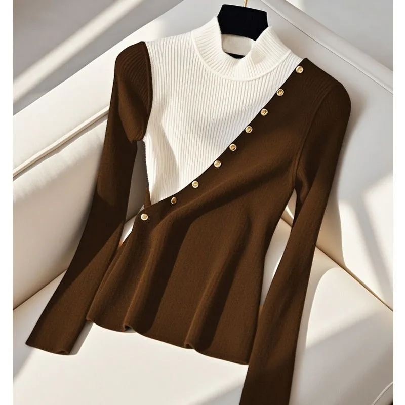 

New Fashion Contrast Color Knitted Sweater Women Autumn Winter High End Slim Patchwork Half turtleneck Pullover Top Knitwear