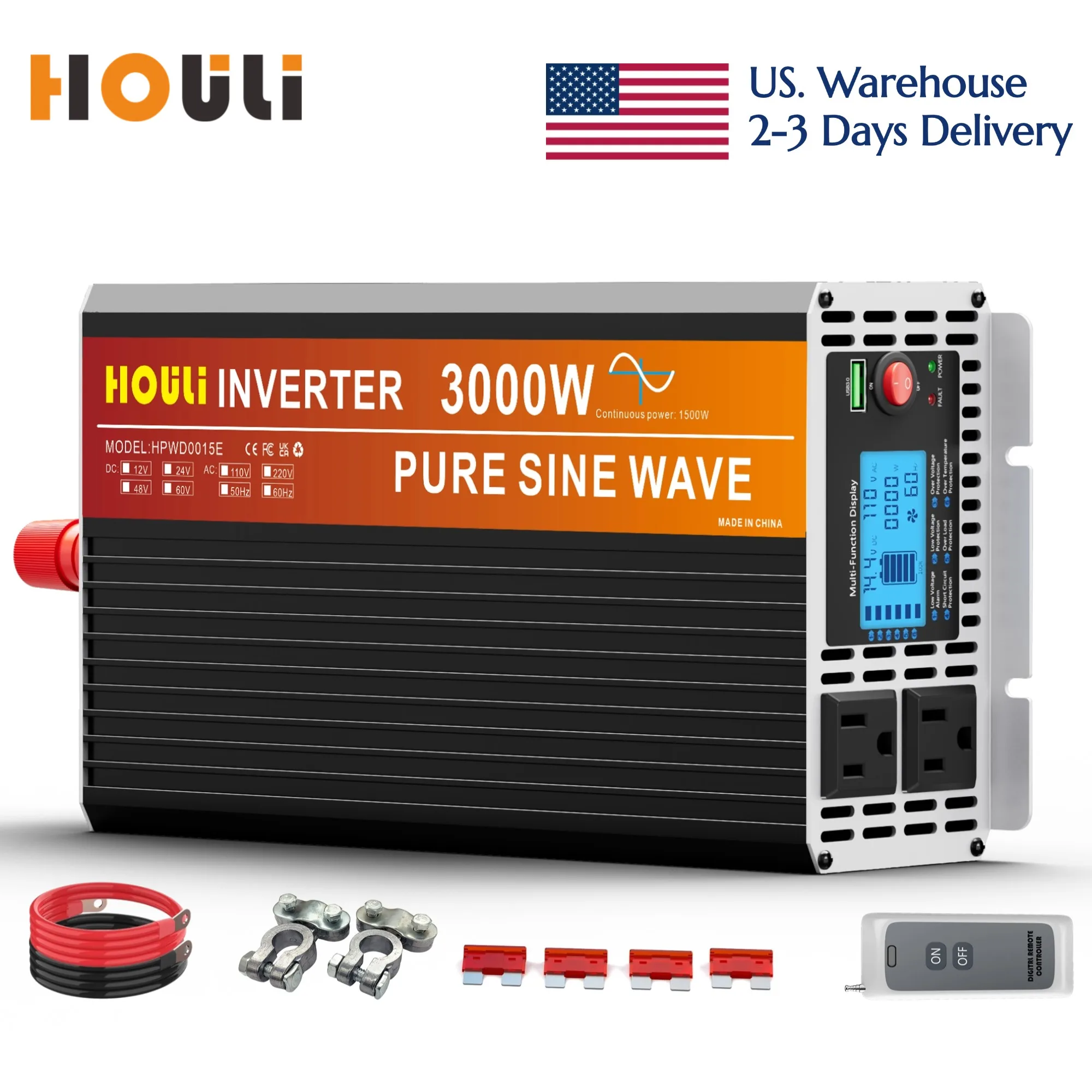 

HOULI 12V to 110V Pure Sine Wave Inverter | 2000W/3000W/4000W/5000W| Solar Off-Grid | Dual AC Outlets