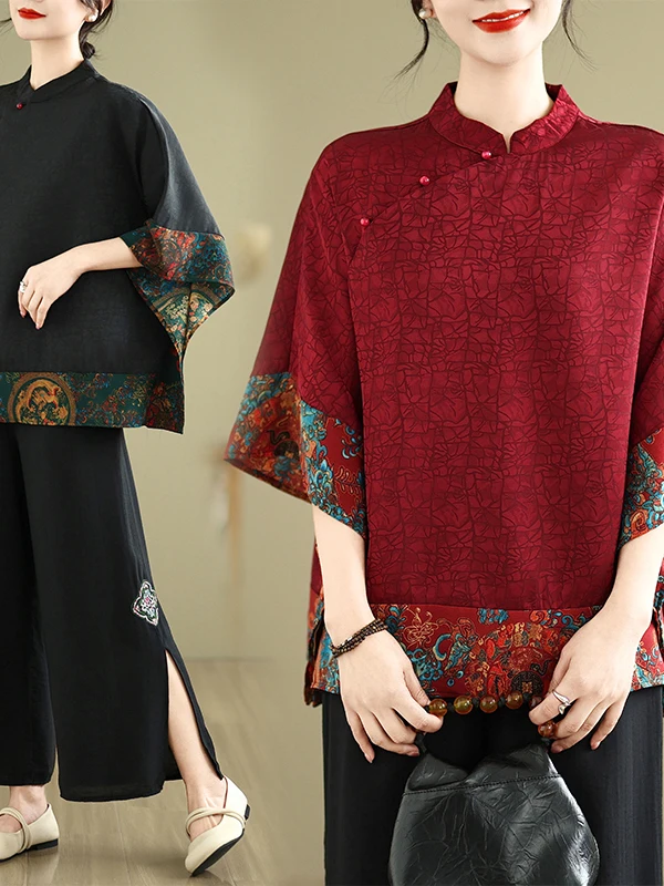 

Faionable Chinese Sle Women's irt Xiangyun Silk Summer New Sle Mom's Sli Cloud Pattern Button up Top T-irt