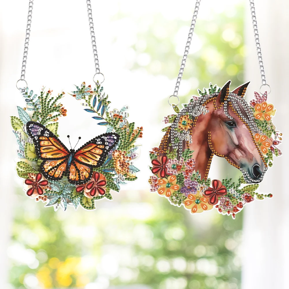 2pcs/Set DIY Butterfly Diamond Painting Door Hanging Diamond Art Painting Kits Welcome Signs Horse Diamond Art Window Ornaments
