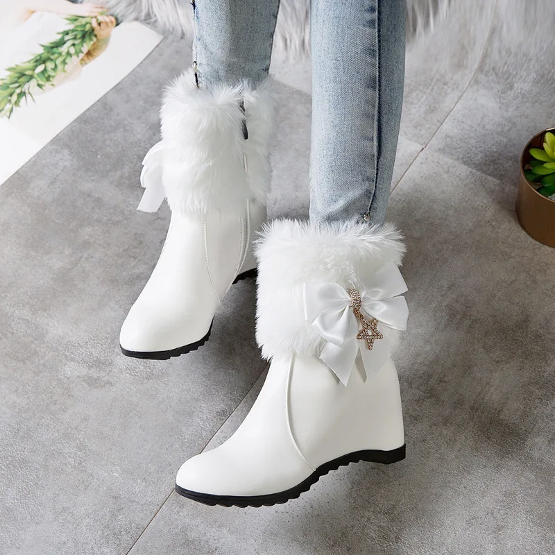 Metal Pentagram Pendants Butterfly-Knot Botas De Nieve Round Toe Short Plush Side Zipper Snow Boots For Women Wedges High Heels