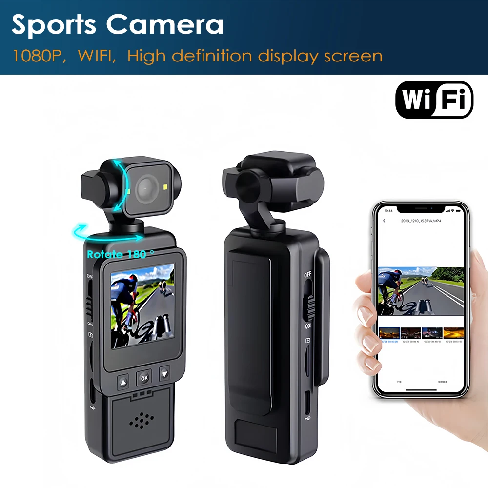 Cámara Deportiva para Exteriores, Cámara de Acción 1080P WiFi con Luz de Relleno, Mini Videocámara de Bolsillo POV para Viajes, Vlogging y Grabación de Video