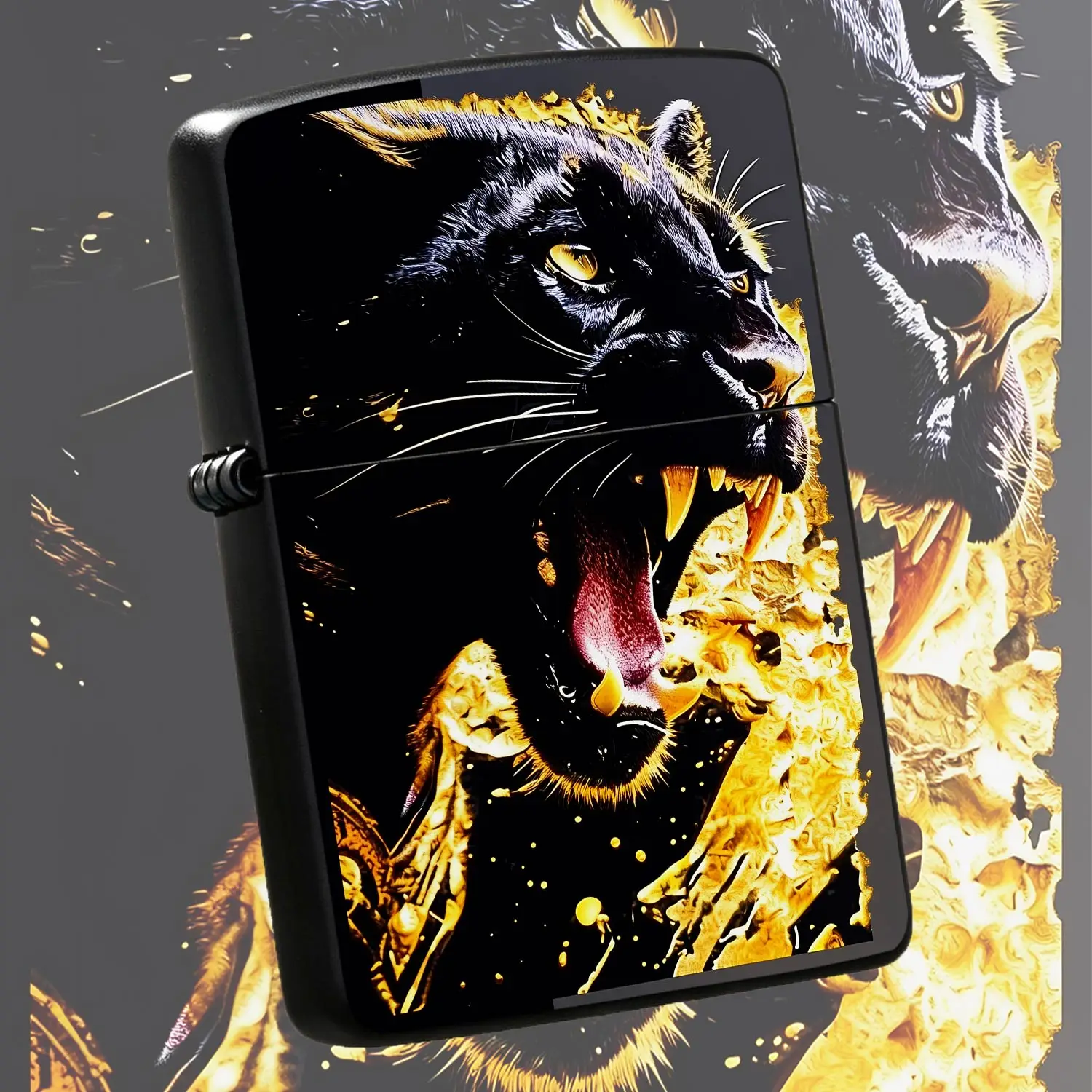 Vibrant Black Panther Pattern Lighter, Stylish Golden Ferocious Feline Print Design, Portable Long Lasting Multi Functional Lighter for Outdoor Camping, Candle Lighting, Home Daily Use, Ideal Practical Gift for Family an A Humorous And Inte