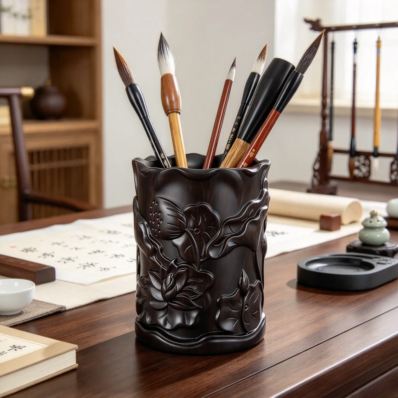 9.5x12.5cm Black Catalpa Wood Lotus Pen Holder Calligraphy Brush Cup for Office Study Desk Teacher Gift Home Decor 원목 붓통