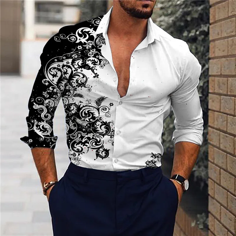 New Boyfriend Shirts Long Sleeve Slim Button Lapel Men\'s Tops Fall 2023 Fashion 3D Quicksand Print Noble Prom Party Shirts M-3XL