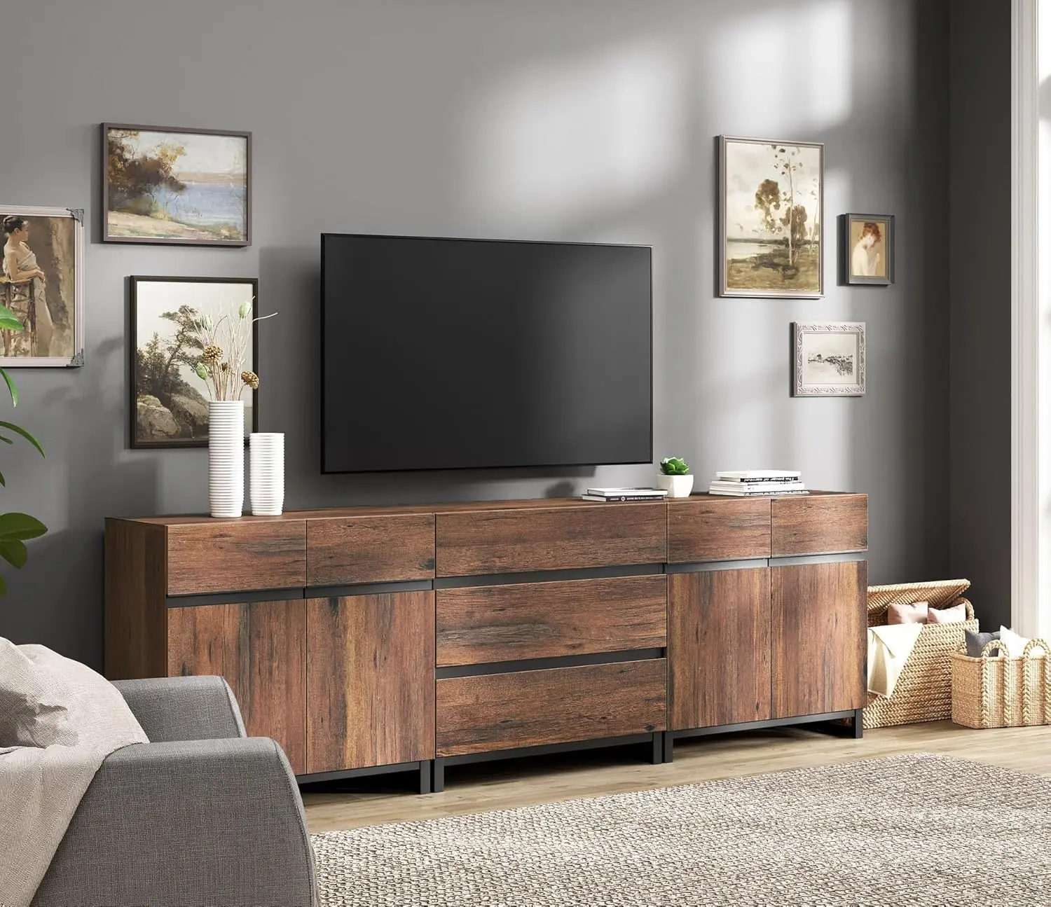 

TV Stand for TVs up to 100 inch, 3 in 1 TV Console with Adjustable Shelves and 3 Drawers, Media Console for Living Room, Brown