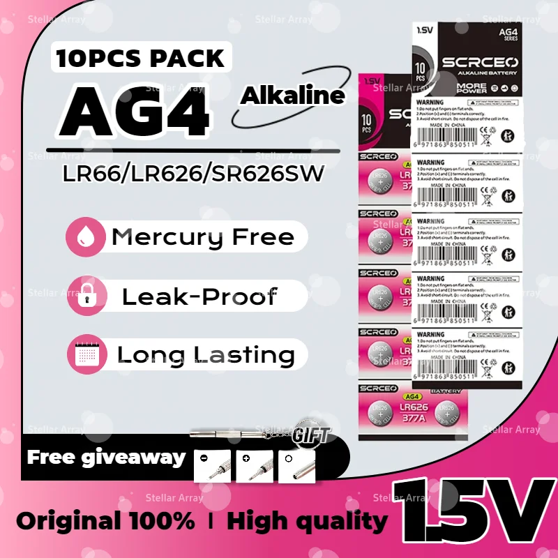 

1.5V AG4 Button Cell SR626SW LR626 377, for Watch, Thermometer, Key Fob, Flashlight, Calculator, Electronic Toys.