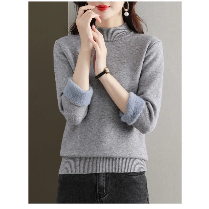 Autumn Winter Half High Collar Solid Color Pullover Screw Thread Long Sleeve Sweater Knitted Casual Fashion Women's Tops