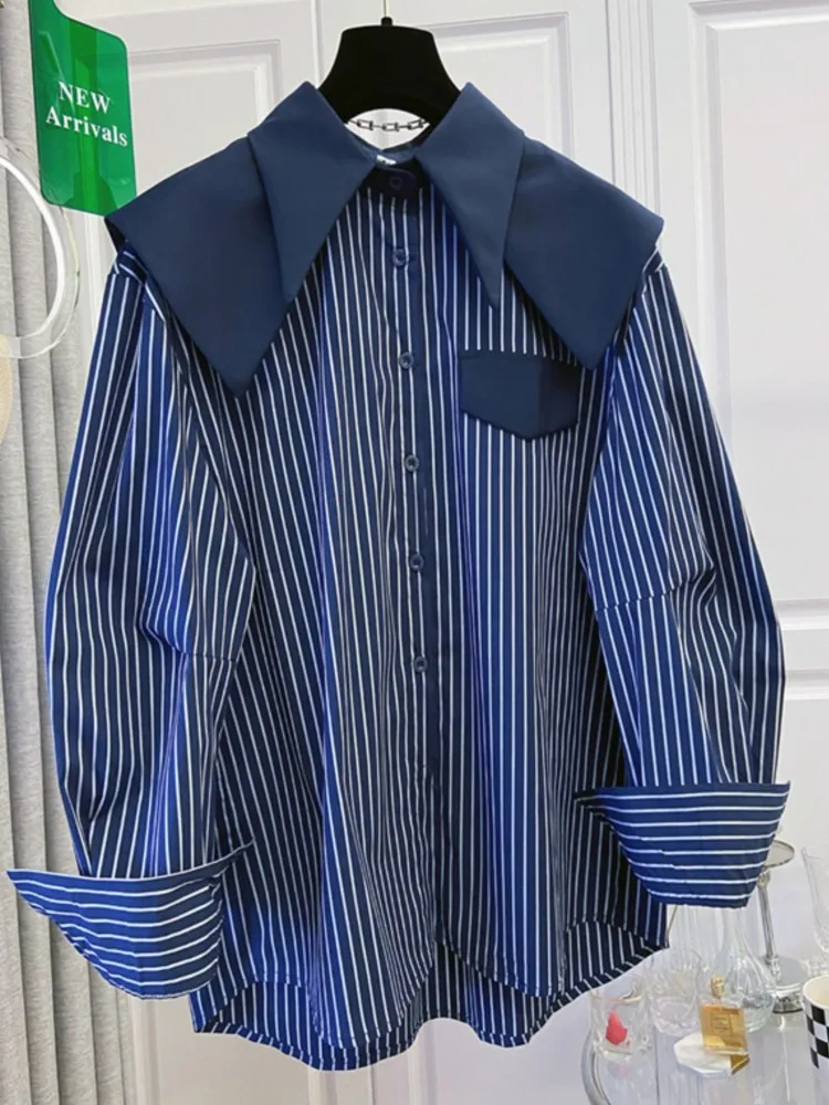 Outono inverno camisas femininas retalhos listrado senhora blusa gola de marinheiro casaul feminino topos roupas de manga longa