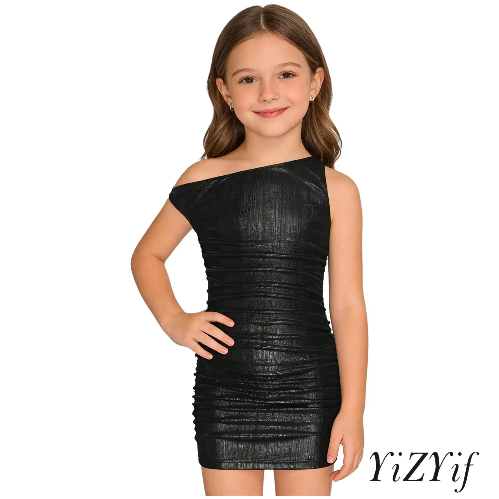 

Kids Girls Iridescent Metallic Dress Side Ruched Details Off Shoulder Sleeveless Bodycon Mini Dress for Party Pageant Wedding