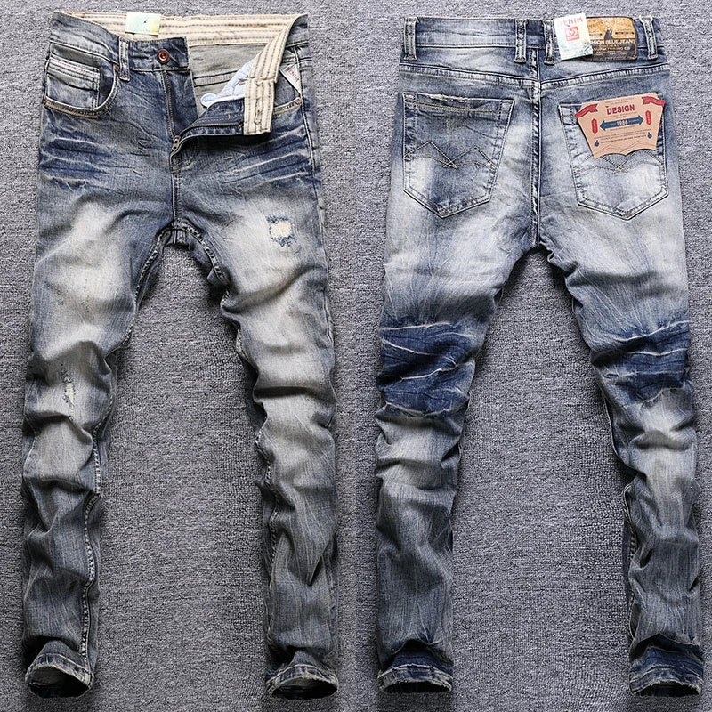 

Newly Designer Fashion Men Jeans Retro Yellow Blue Washed Elastic Slim Fit Ripped Jeans Men Vintage Casual Denim Pants Hombre