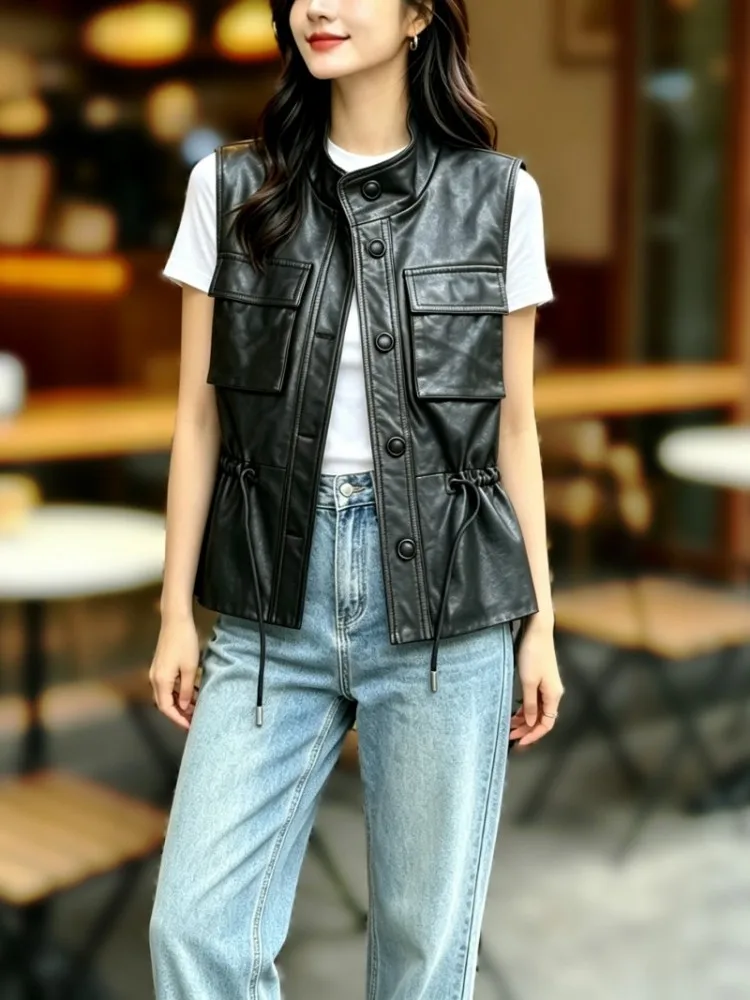 High Street Women Genuine Leather Vest Stand Collar High Waist Cargo Jacket Single Breasted Vintage Casual Sheepskin Waistcoat
