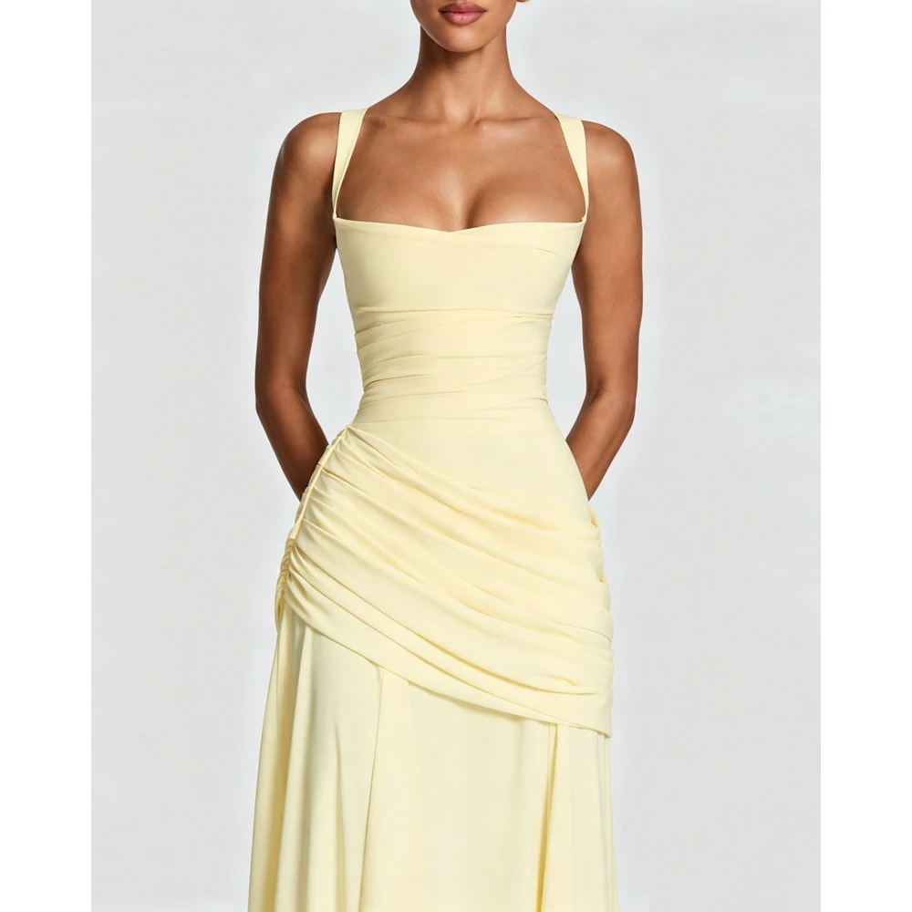 Square Neck Ruched Bodice Floor Length Evening Gown Sleeveless A Line Flowy Long Dress For Women Party Wedding Bridesmaid