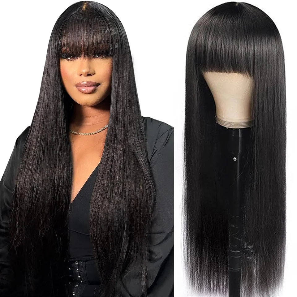 

32inch Bone Straight Human Hair Wigs With Bangs Density180 Brazilian Wear And Go Straight Glueless Wigs Human Hair Easy To Wear