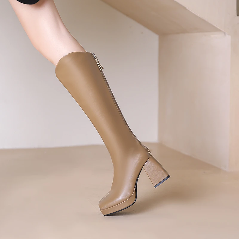 Bottes longues à plateforme au genou pour femmes, chaussures confortables, bottes à talons hauts, Parker carré, beige, mode, hiver, 2023