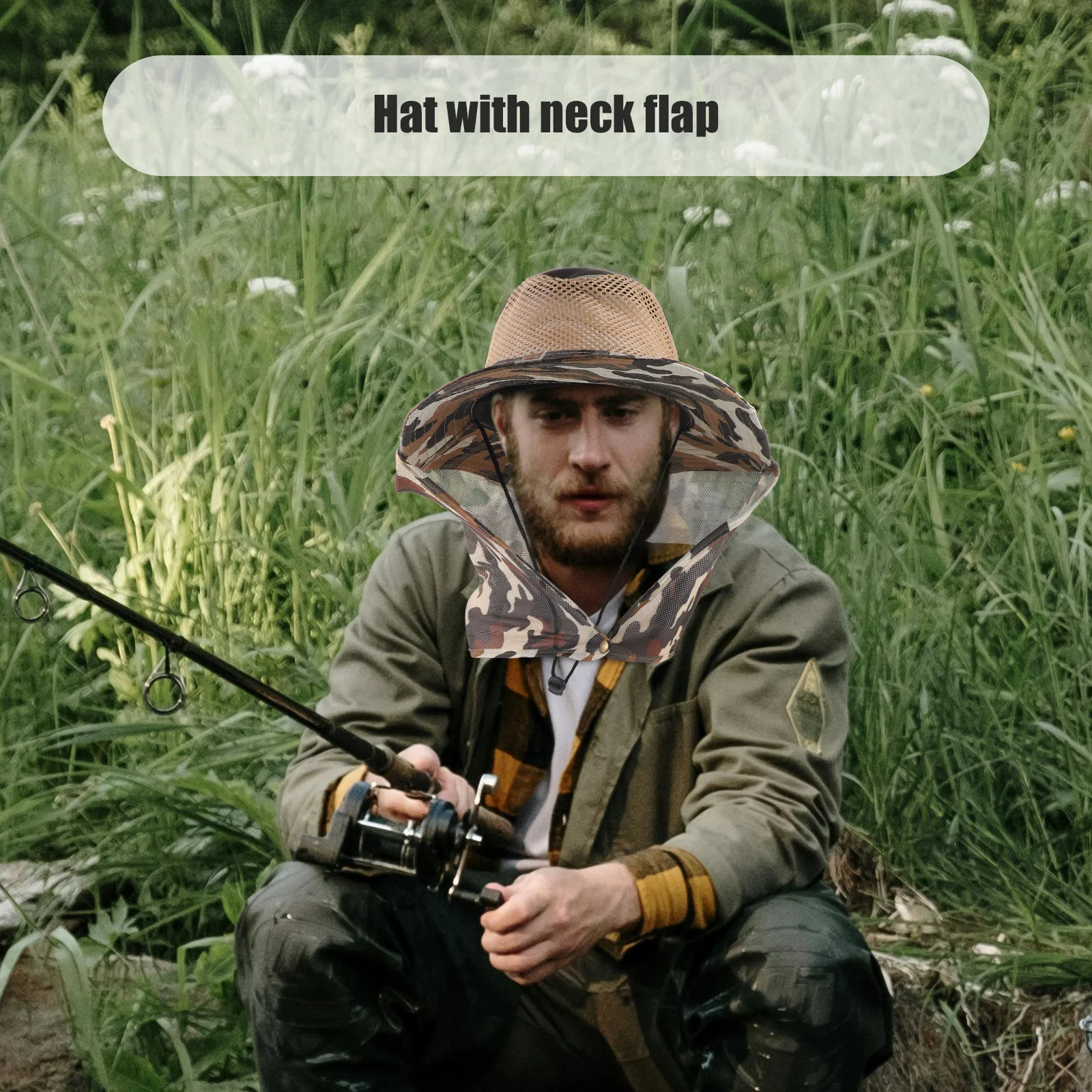 

Green Camouflage Fishing Hat Breathable Neck Flap Quick-Dry Bug Net Outdoor Beekeeping Hunting Sun Protection Boonie Hat