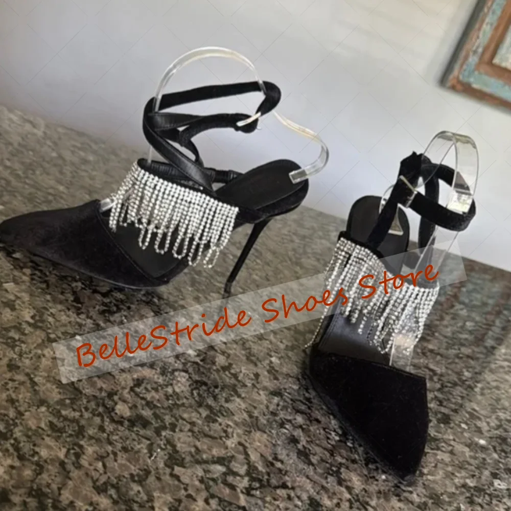 블랙 크리스탈 태슬 포인티드 토 부츠 버클 스트랩 여성 신발 얇은 하이힐 파티 연회 데이트 2025 여성용 신발