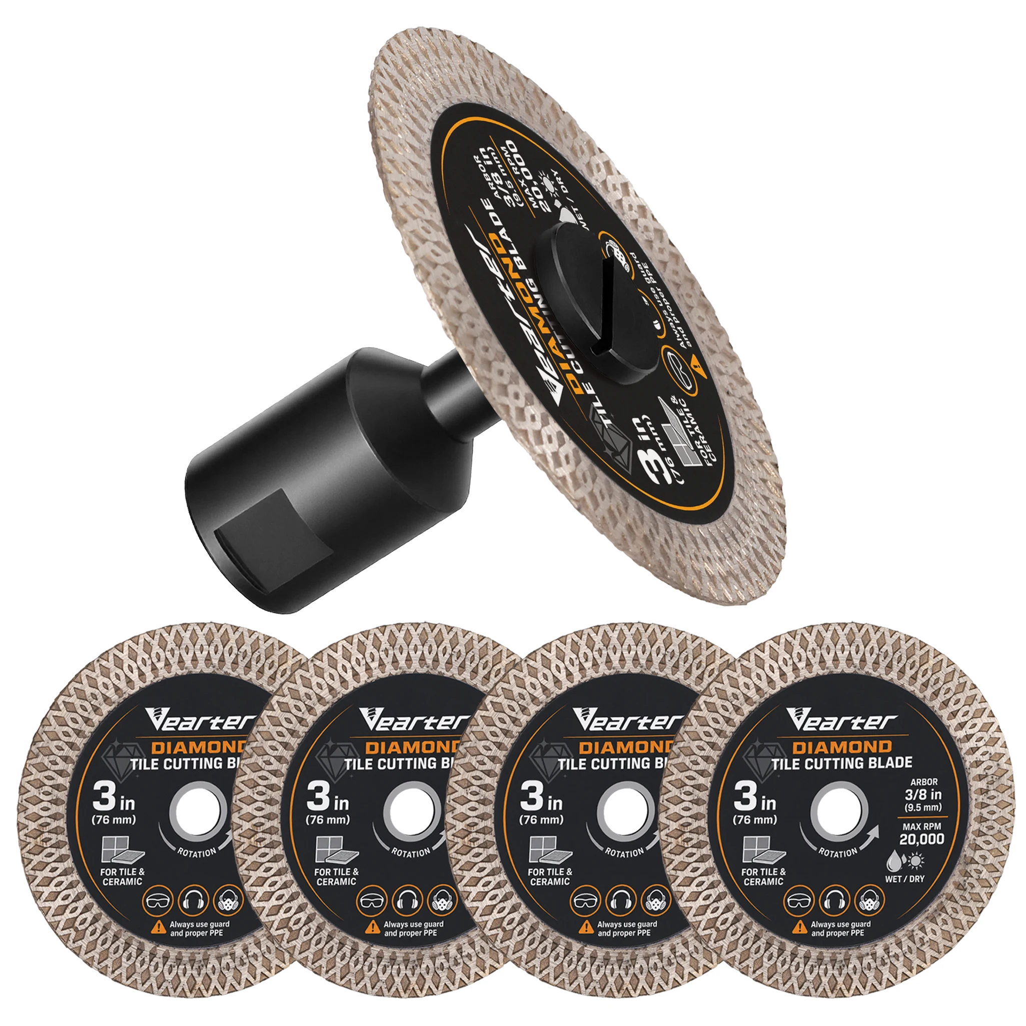Vearter 3Inch 76mm Diamond Tile Cutting Blades 5Pcs with M14 Thread Adapter Wet Dry Use for Tile Ceramic Stone Cutting