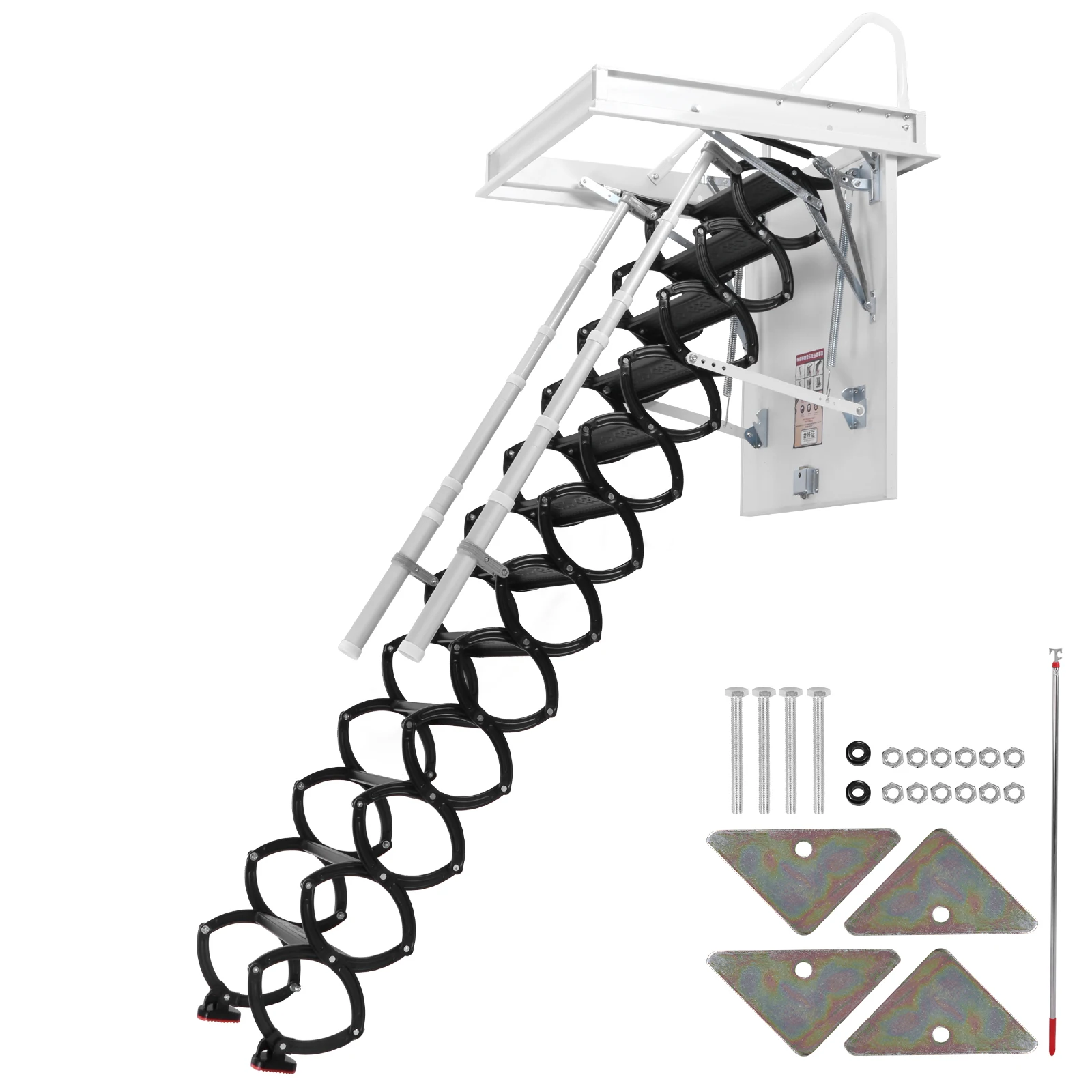 

12 Steps Ceiling Mounted Attic Ladder with Handrails Steel Attic Staircases 660LBS Capacity Height Adjustable for Rough Opening