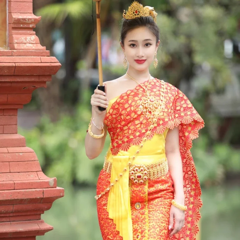 

Spring Summer Thailand Outfit for Women Traditional Clothing Tops Blouse Long Skirt Southeast Asian Clothes Thai Dai Dress