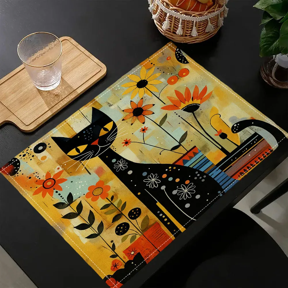 

1-Piece [Black Cat in Flowers] Placemat, Heat-Resistant, Non-Slip & Washable, Universal for Family Gathering & Restaurant