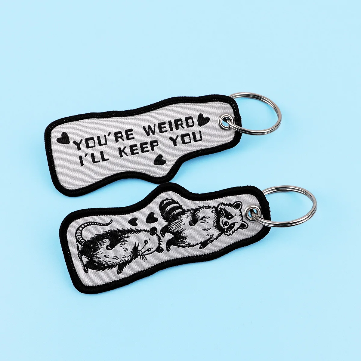 YOU'RE WEIRD Embroidery Key Fobs Cartoon Raccoon Keychain For Motorcycles Cars Key Ring Holder Key Tags Chaveiro Gift