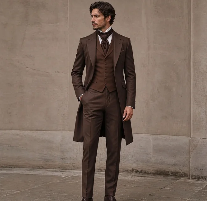 Brown Victorian Long Tailcoat for Men 3 Piece Vintage Gothic Formal Suit Elegant Groom Outfit Jacket Vest Pants Customized