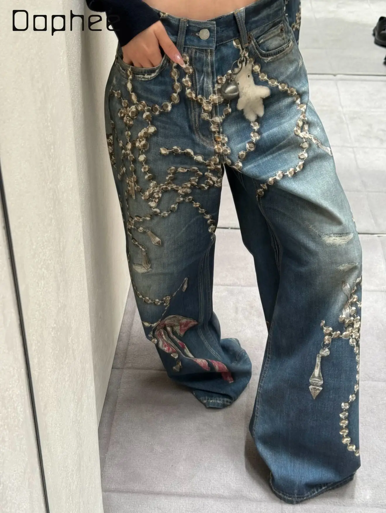 

Street Style Personalized Printed High-waisted Slim-fit Y2K Straight-leg Pants Korean Ins Harajuku Wide-leg Pants New Spring