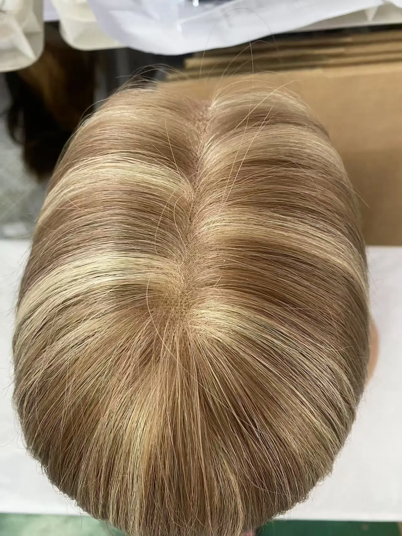 باروكة شعر بشري مصنوعة حسب الطلب، لون بني متوسط مع تسليط الضوء على شعر قصير أحادي الدانتيل، شعر عذراء علوي #5