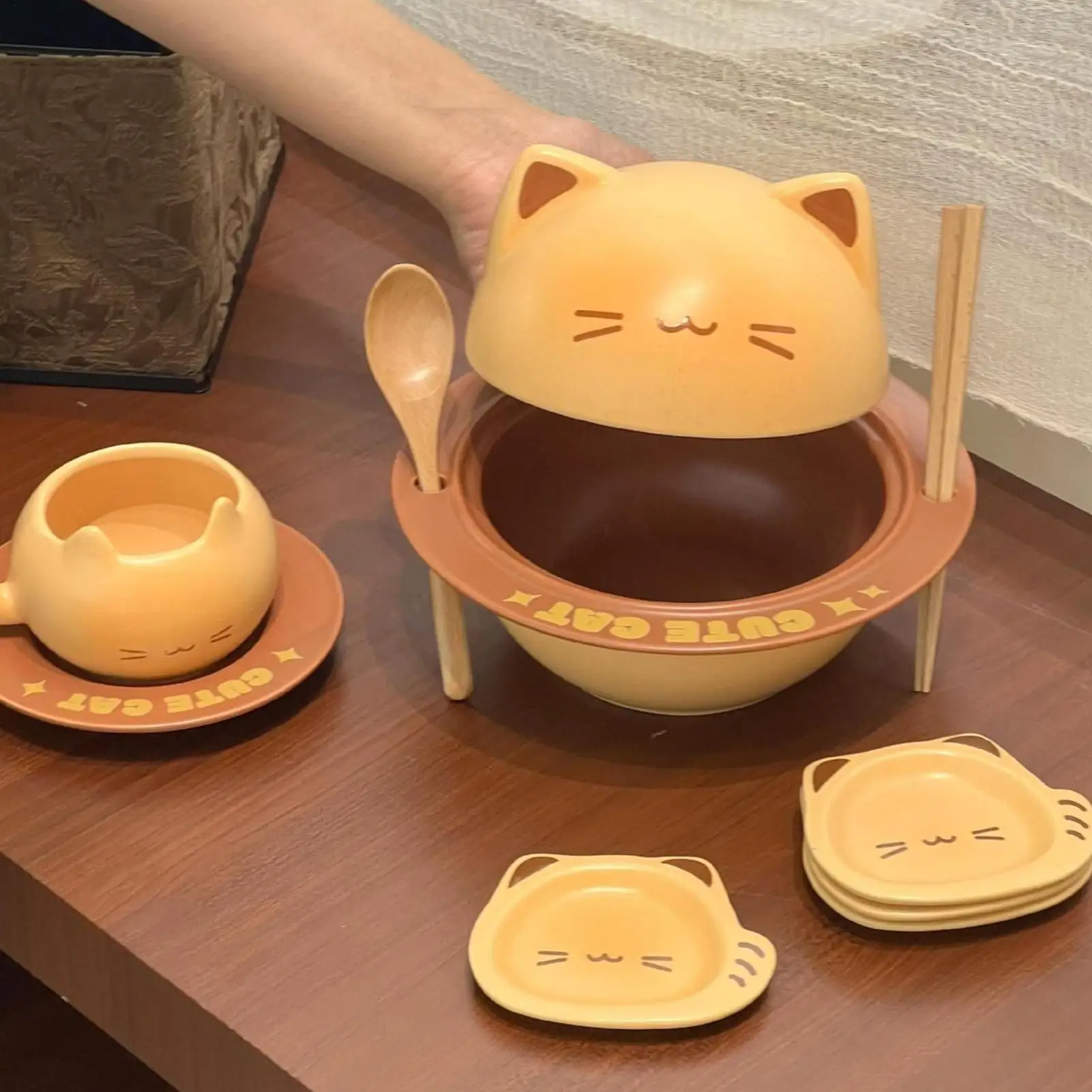 

Чаша для рамэна с кошачьим дизайном, керамическая чаша для рамэна, контейнер для хранения еды с ложкой, палочками для еды для хлопьев, салата, приготовления еды, завтрака, обеда
