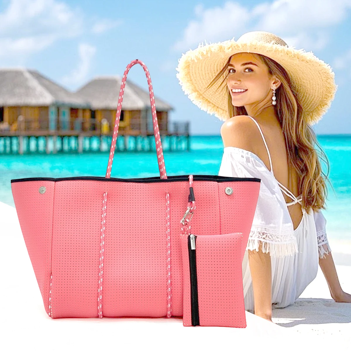 

Ready to Ship New Travelling Bag New Arrival Women Perforated Neoprene Tote Bag With Small Purse Large Neoprene Beach Handbag