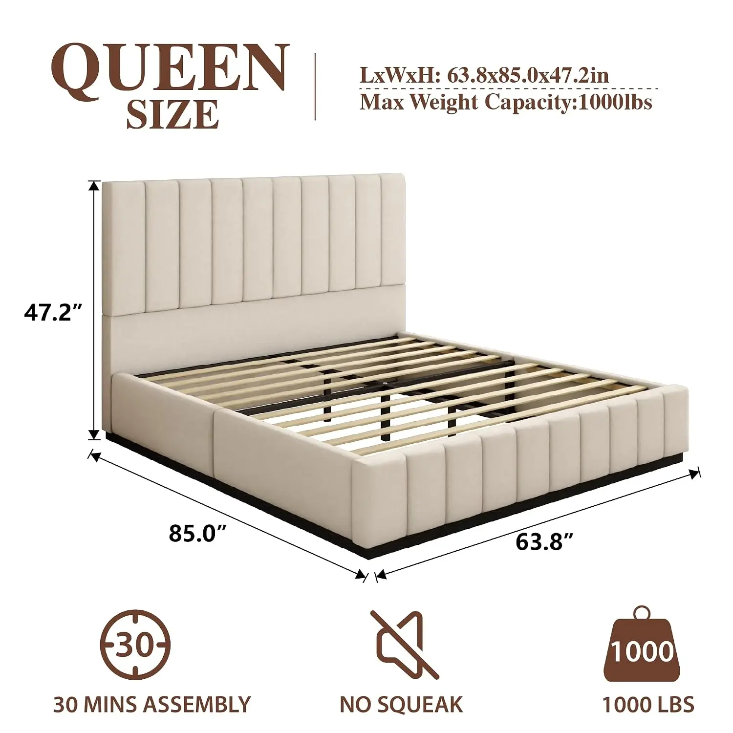 Velvet Queen Bed Frame Beige Channel Tufted Headboard Bedroom Furniture, Customized