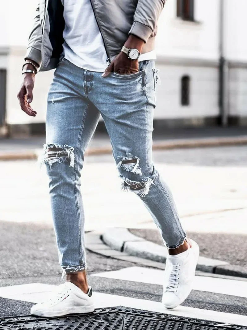 

Men's Ripped Jeans Autumn Stretch Pants Light Blue Holes Long Jeans Casual Male Stretch Slim Pants Men Skinny Jeans Men Clothing