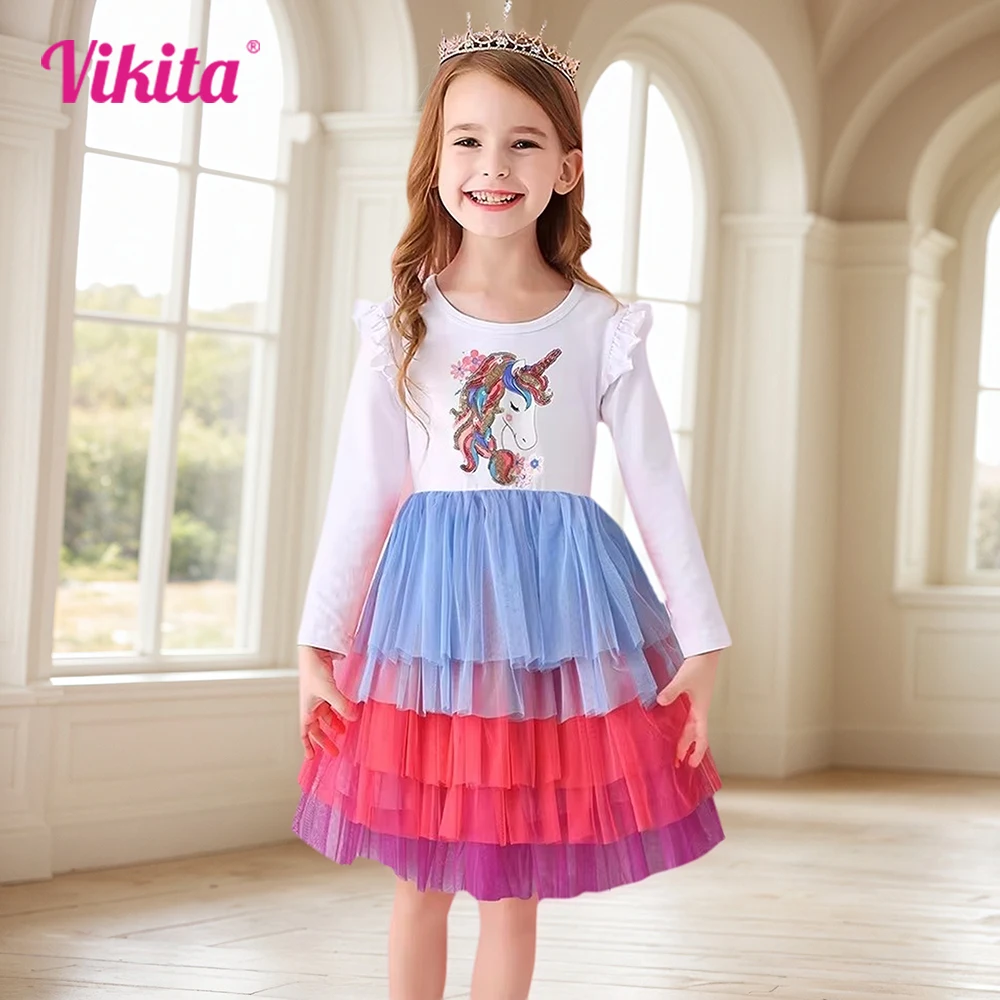 

VIKITA Girls Colorful Tutu Dress Toddlers Licorne Sequined Appliqued Birthday Party Stage Princess Tulle Mesh Layered Dresses