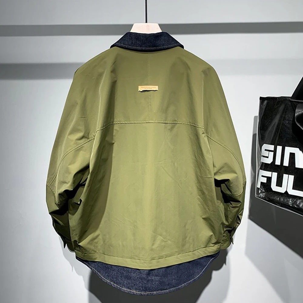 Mens Denim Patchwork Fake Two-Piece Casual Jacket Streetwear Fashion Thin Youth Campus Long-Sleeved Top Male Men'S Clothing