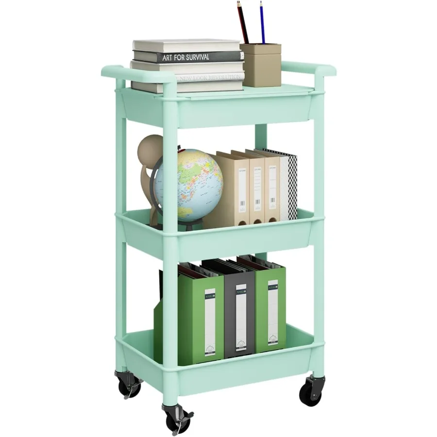 

3-Tier Utility Rolling Cart with Cover Top Board Mobile Utility Cart with Lockable Casters Multi-Functional Storage Trolley for