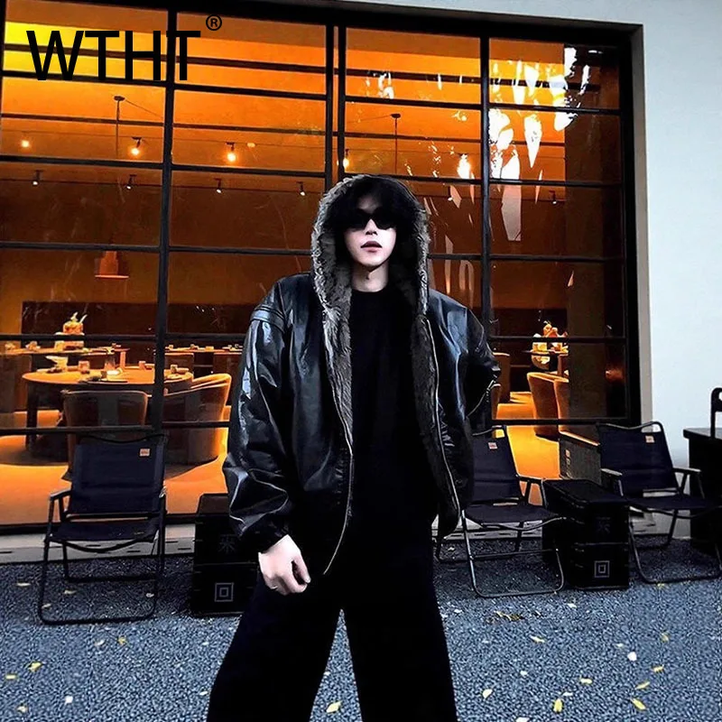 

WTHT модная новая мужская одежда, кожаные пальто из искусственного меха, модные мужские куртки с капюшоном и длинными рукавами, осень 2021, 2A2275