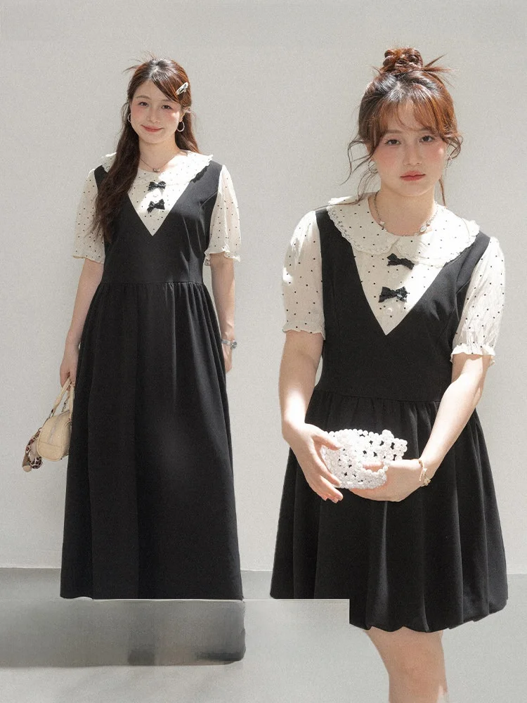 

Heynew Summer Polka Dot Doll Collar Dr Women's plus Size A-Line Skirt Commute Sle Long ort Splicing Dres