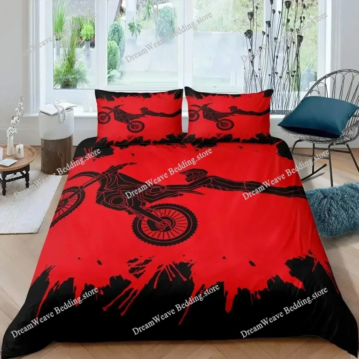 3D Print Motocross Rider Duvet Cover Set Microfiber Red Black Dirt Bike Extreme Sports Theme Motorcycle Pattern Bedding Set96396