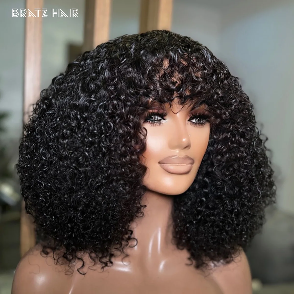 

Super Double Drawn Kinky Curly Fringe Bob Wig Human Hair Natural Color 14 Inches 350% High Density Pixie Curls Bob Wig for Woman
