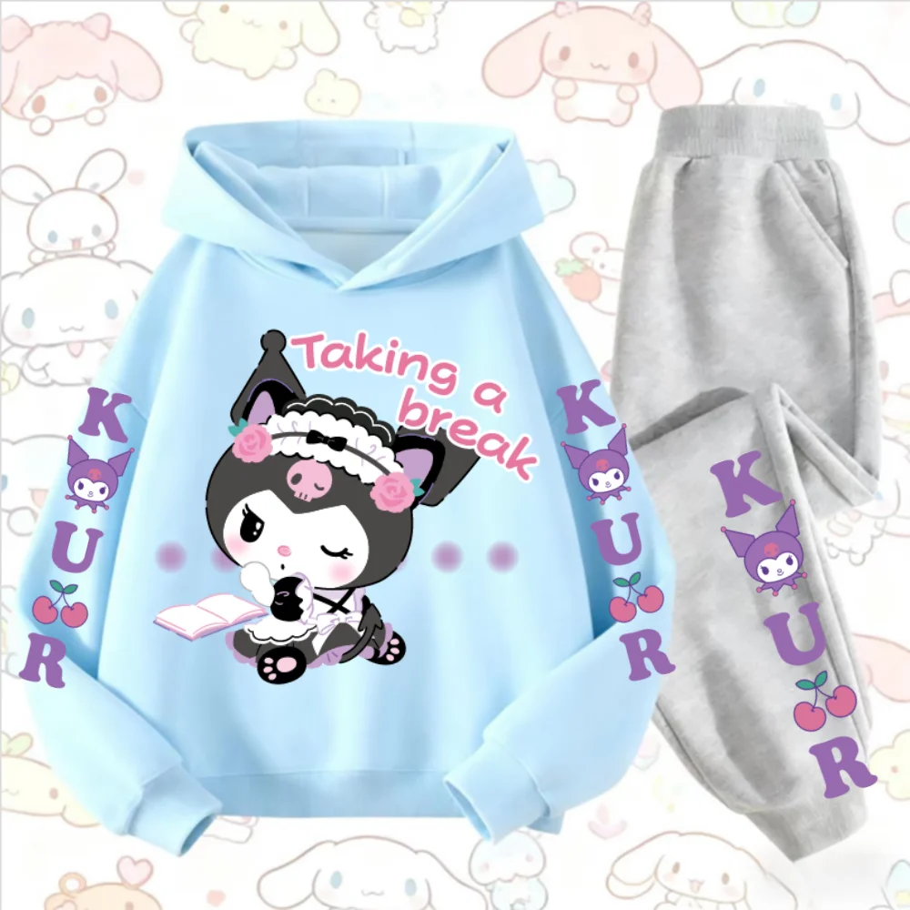 산리오 쿠로미 소녀들을 위한 패셔너블하고 편안한 야외 스포츠 후드티 & 캐주얼 바지 남녀 공용 가을 및 겨울용