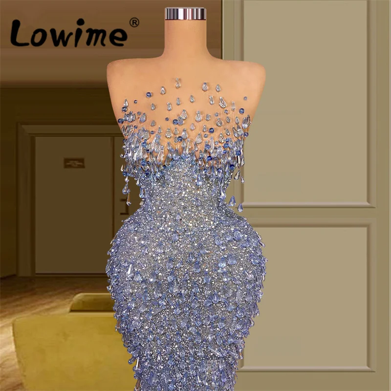 Dubai Arabic Crystal Dresses Blue Long Women Evening Dress Elegant Beaded Wedding Party Dress Pageant Prom Gowns Customized Robe