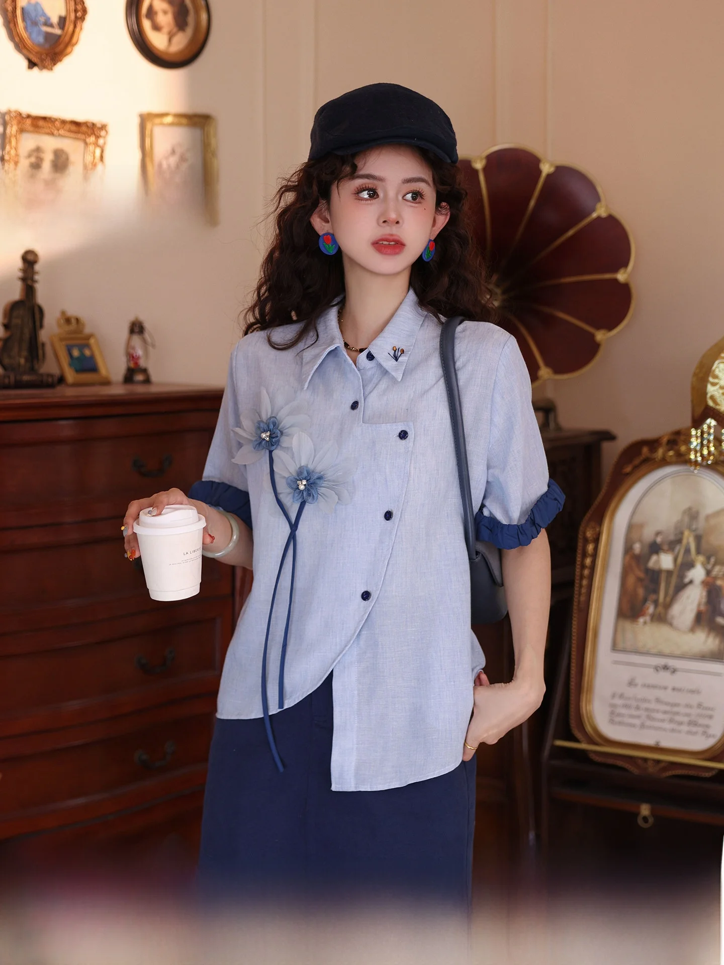 

Blue Shirt Women's Short Sleeve Floral Design Summer Top Chens Vintage Style Loose Fit Knot Cotton Polyester Blend